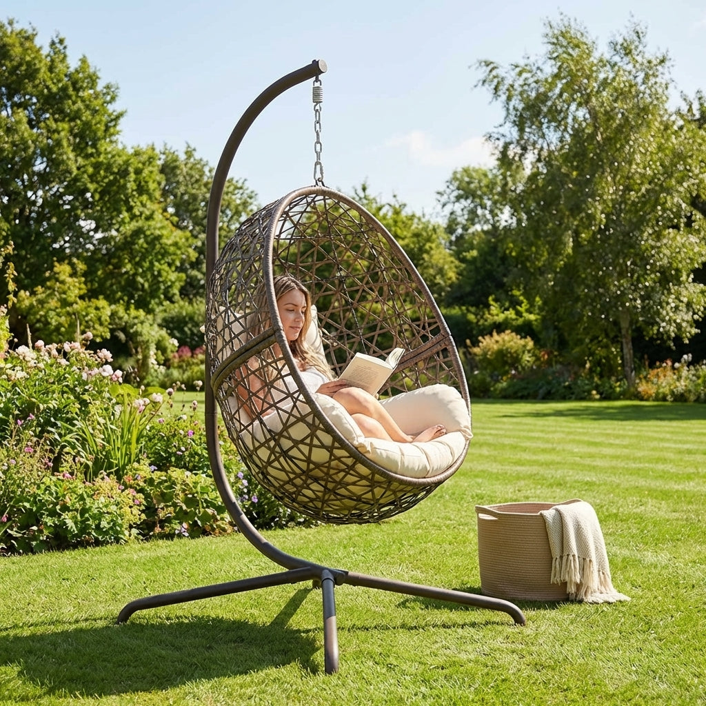 Hanging egg swing chair with steel frame and rattan design