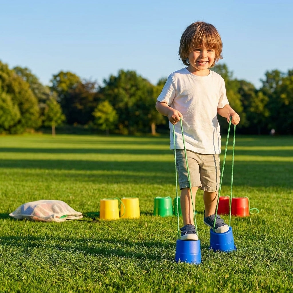Kids bucket stilts in vibrant colours for indoor and outdoor play