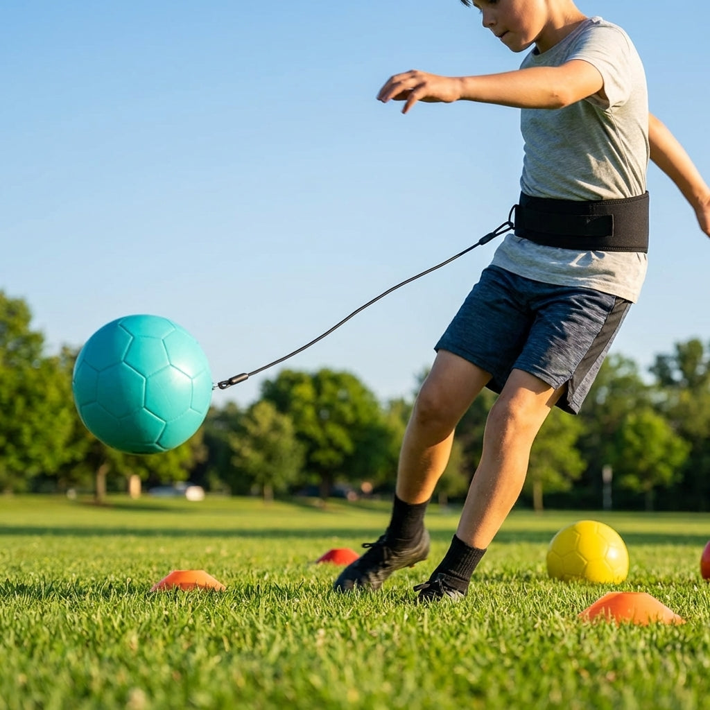 Football kick trainer with adjustable neoprene belt and training ball