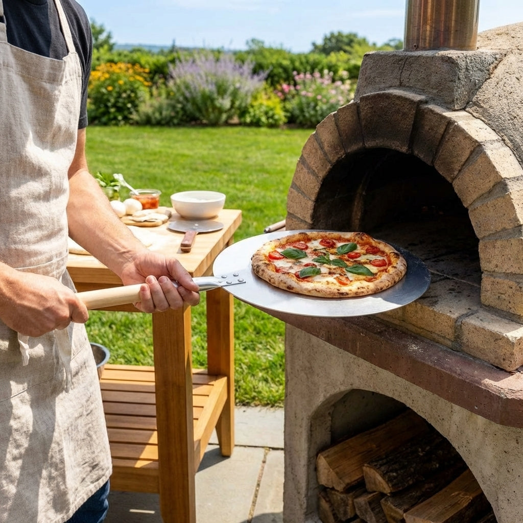 Aluminium pizza peel with a 12-inch paddle and wooden handle