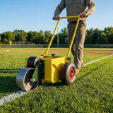 Baseball field line marker with steel tank and pneumatic wheels