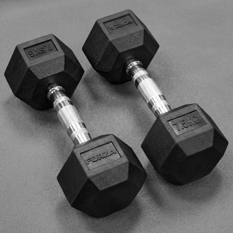 Hex dumbbells with rubber ends and chrome handles