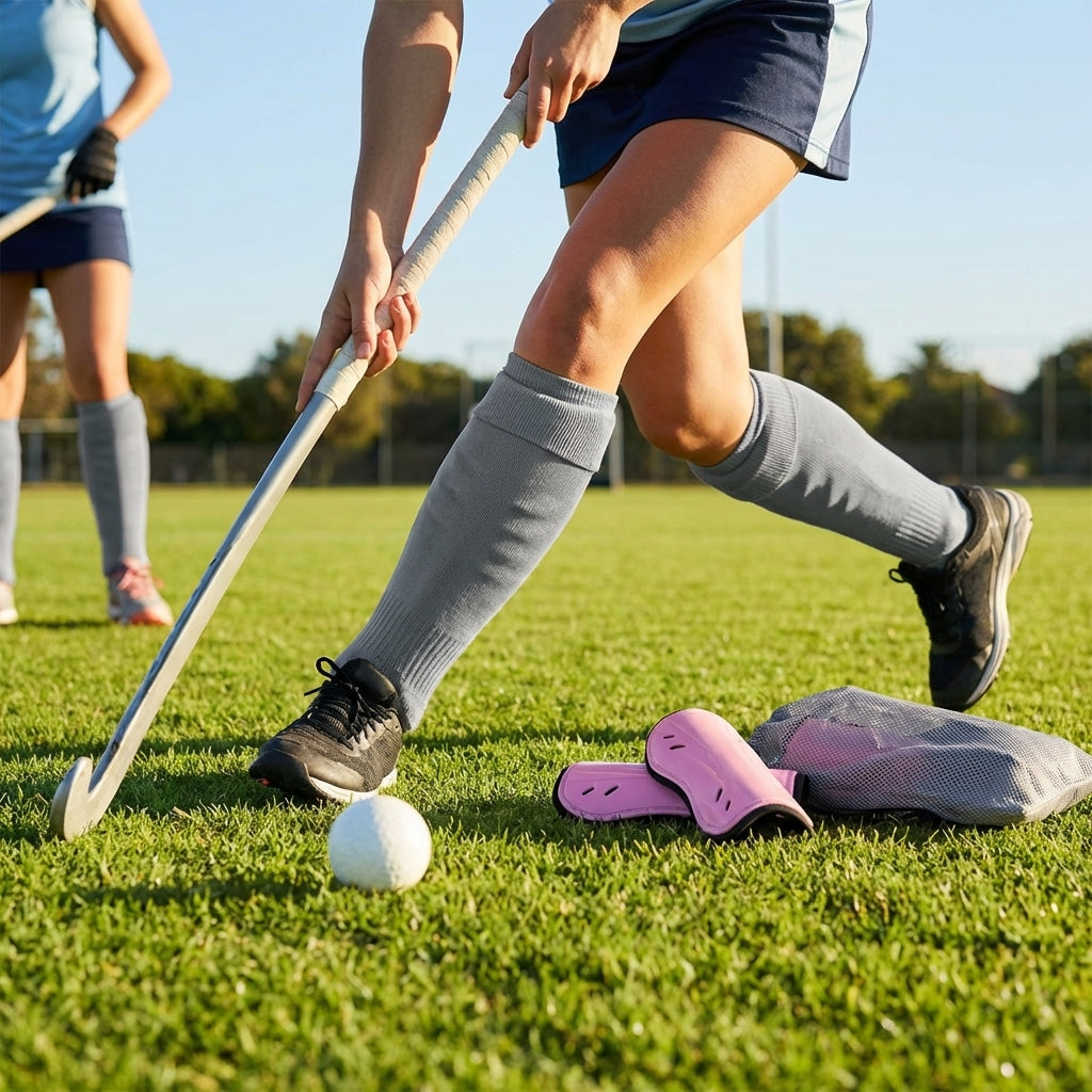 Hockey shin pads with polypropylene shell and EVA foam lining for field protection