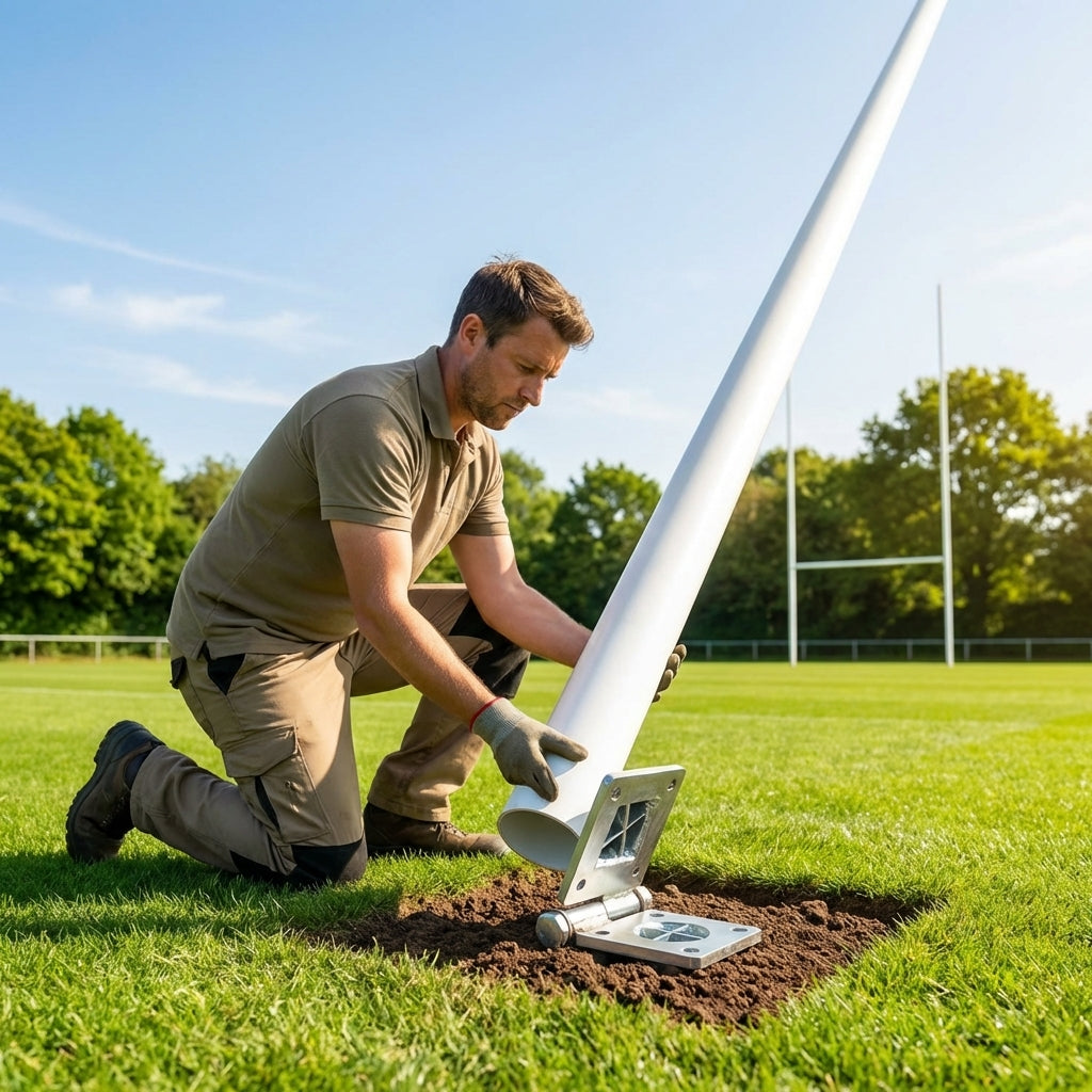 Hinged adapters for rugby posts in galvanised steel