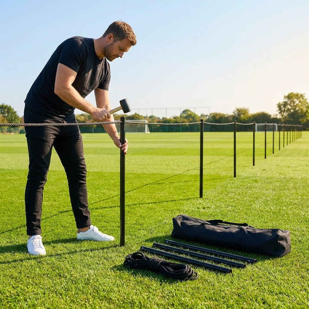 Football crowd control barrier with PVC poles for outdoor use