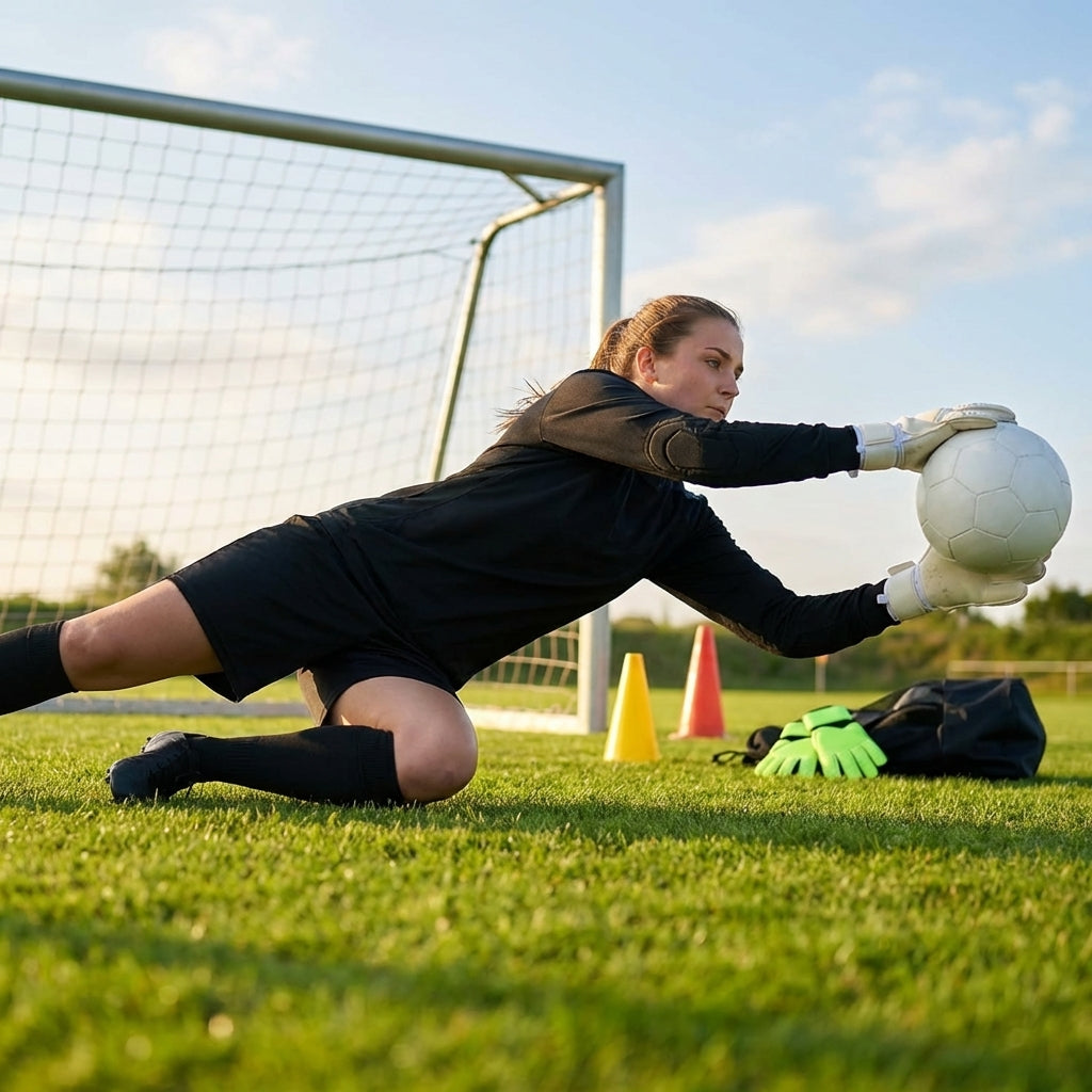 Women's Goalkeeper Kit including long sleeve shirt, shorts, and knee-high socks