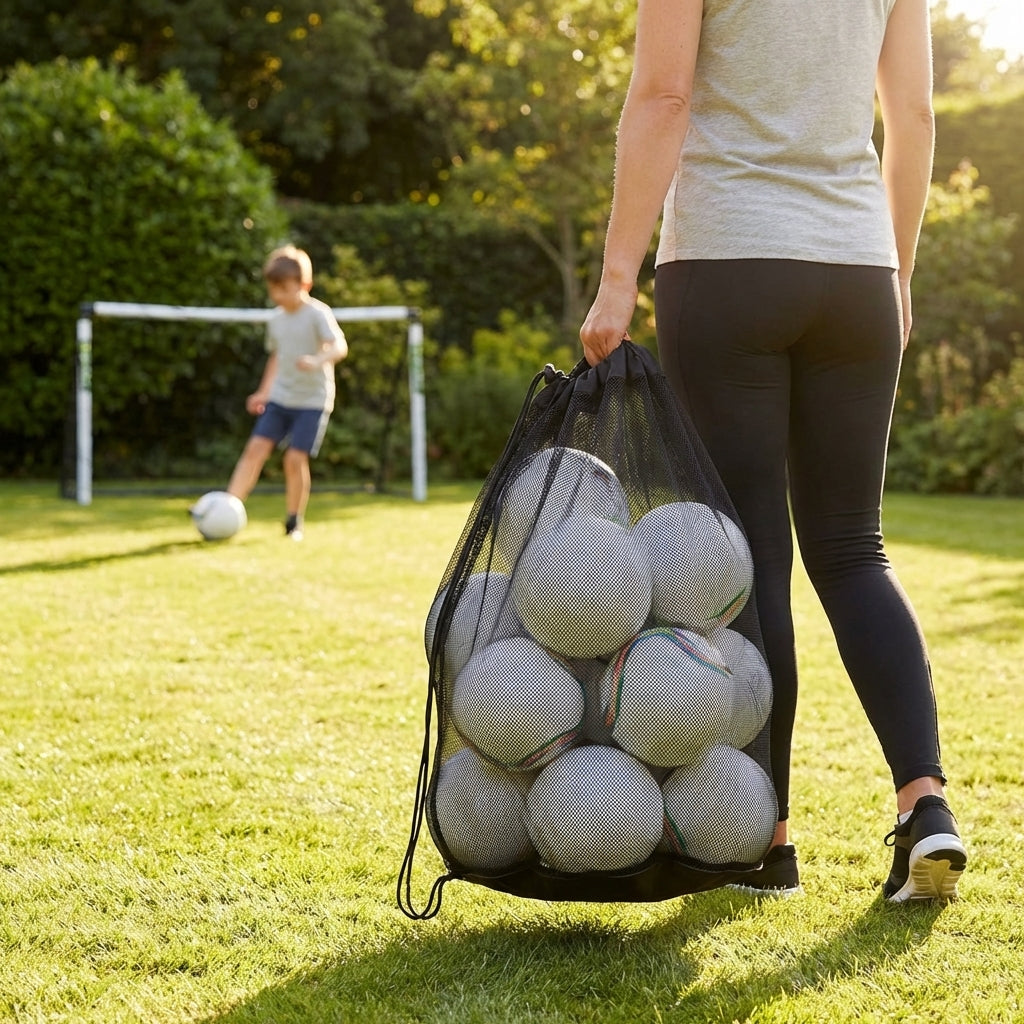 Football carry bag with 12 footballs, durable mesh