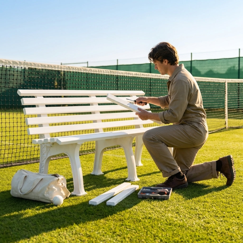 Replacement bench parts for tennis courts, available in various colours