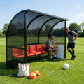 Fixed team shelter with aluminium frame and polycarbonate panels for sports