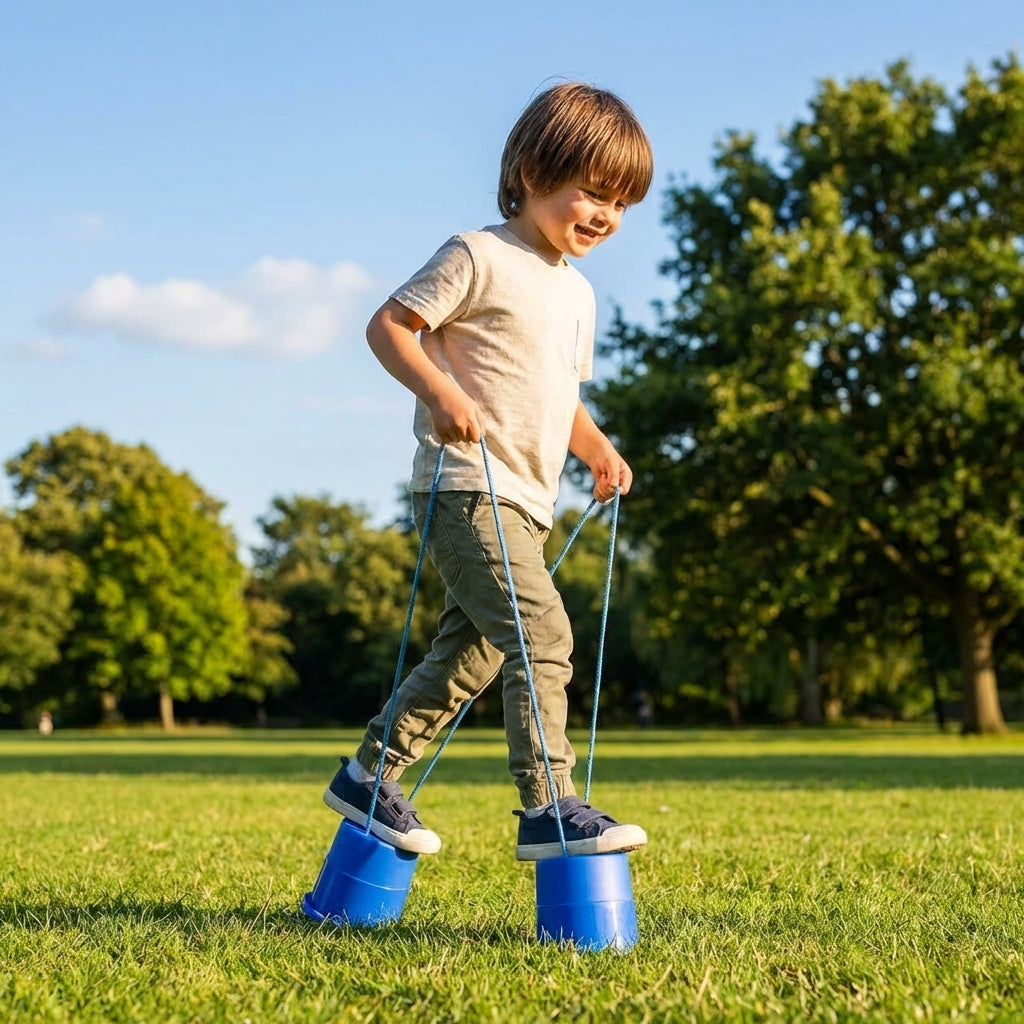 Kids bucket stilts in vibrant colours for indoor and outdoor play