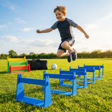 Adjustable foam hurdles in red, yellow, green, and blue for young athletes