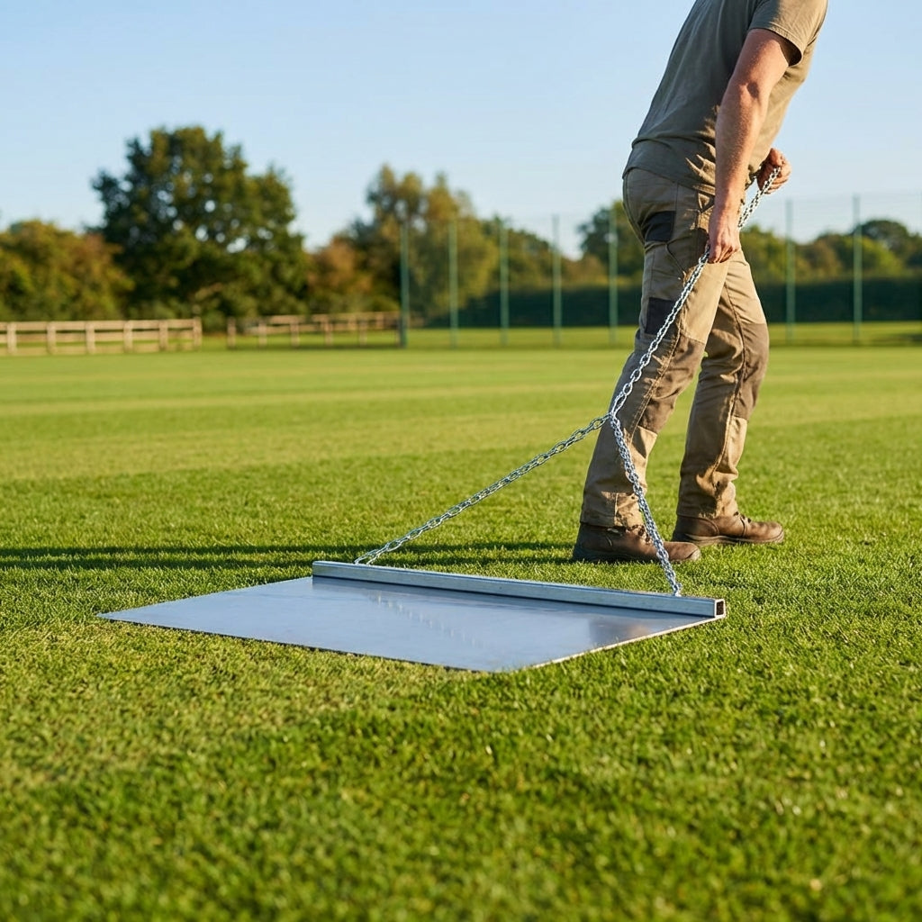 Steel drag mat on a sports field, showcasing its robust design for field maintenance