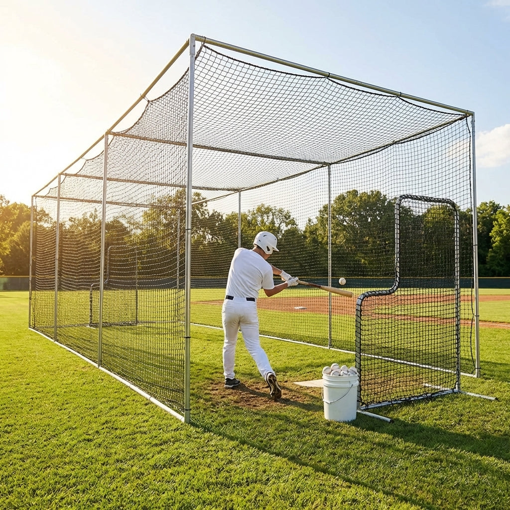 Black baseball batting cage nets made from HDPP twine for indoor and outdoor use