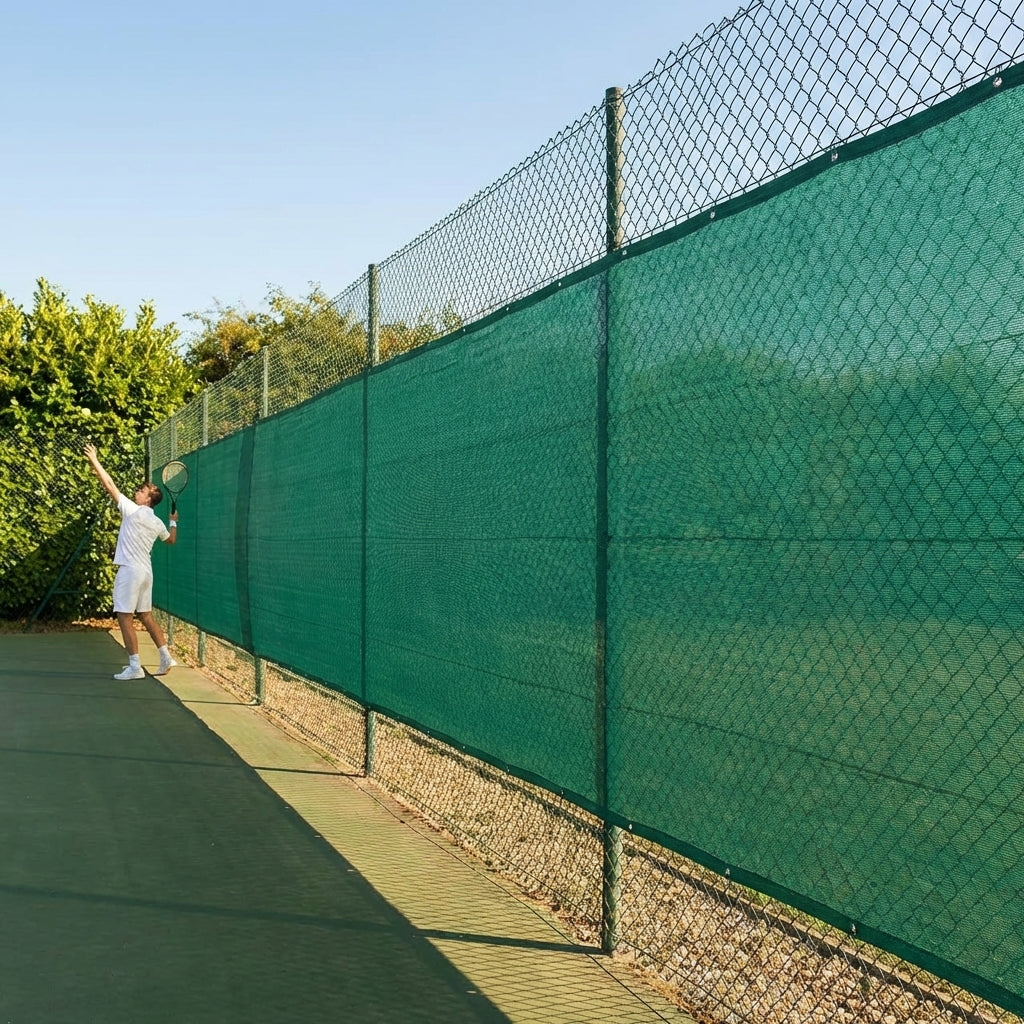 Green Tennis Court Windbreaks on an outdoor tennis court
