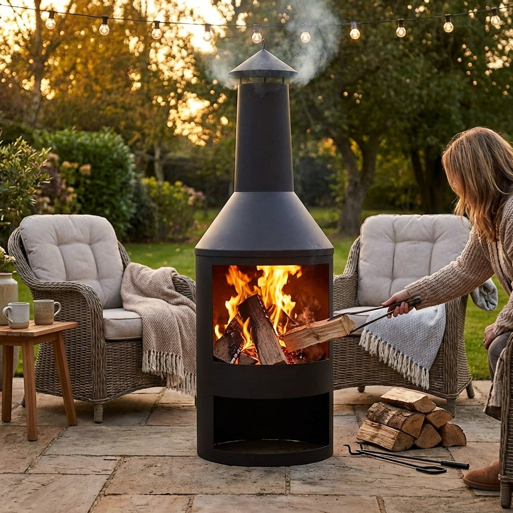 Outdoor Chiminea Fire Pit made of Black Powder-Coated Steel