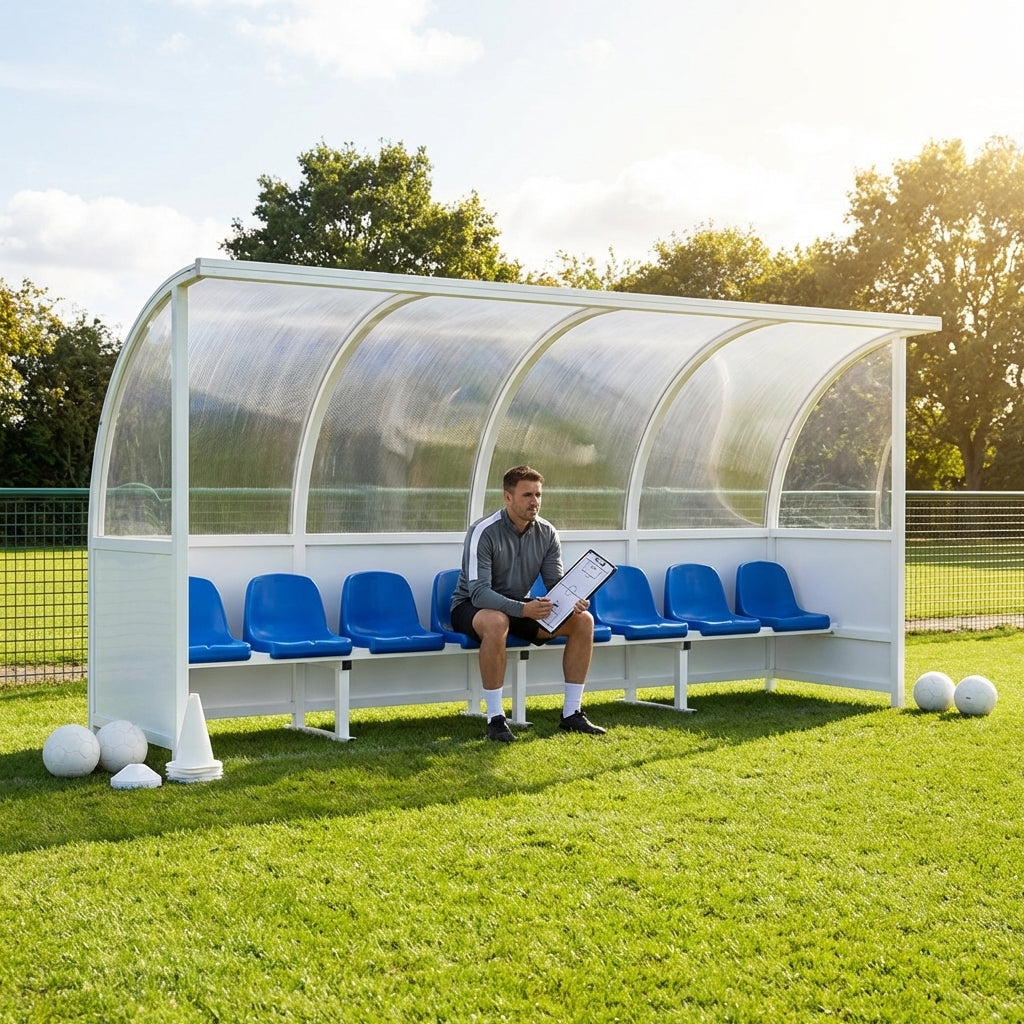 Heavy duty aluminium team shelter with moulded seats