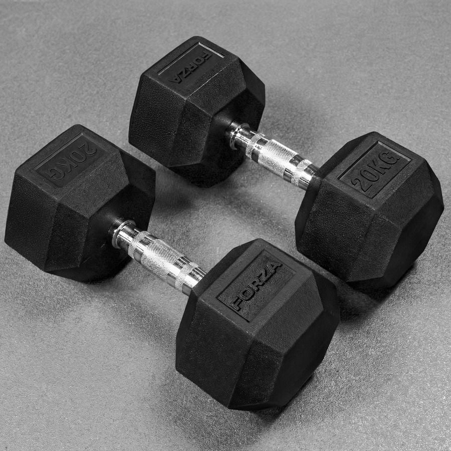 Hex dumbbells with rubber ends and chrome handles