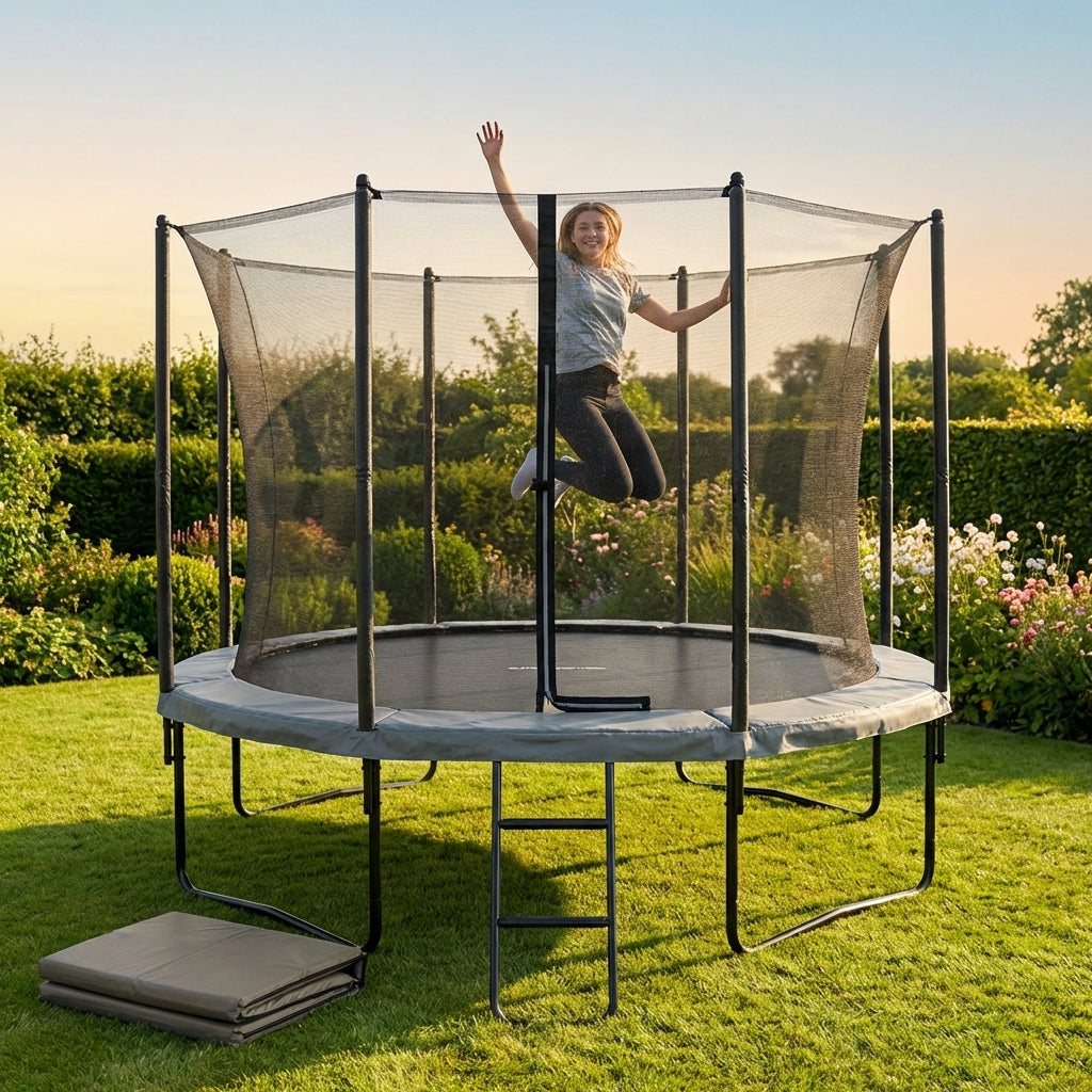 Garden trampoline with enclosure net, ideal for outdoor fun