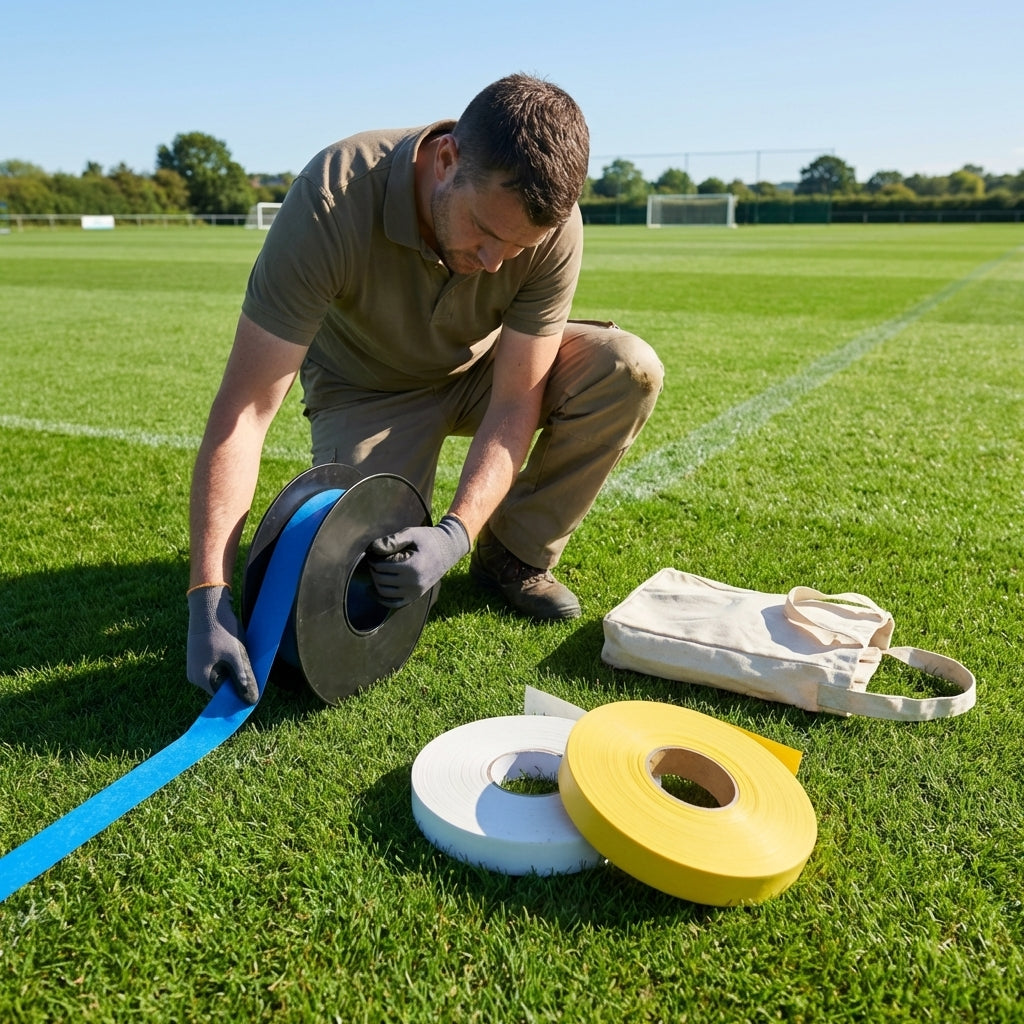Elastic line marking tape in white, yellow, and blue for sports pitches
