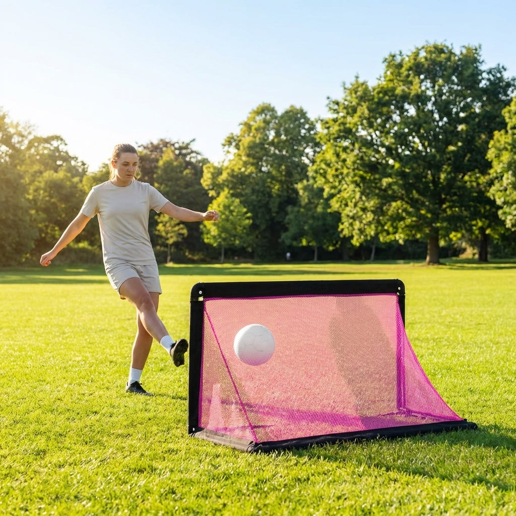Folding football goal with aluminium frame and high-impact net