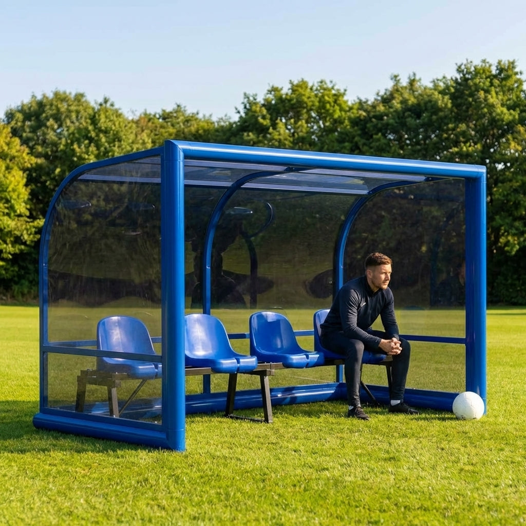 Fixed team shelter with aluminium frame and polycarbonate panels for sports