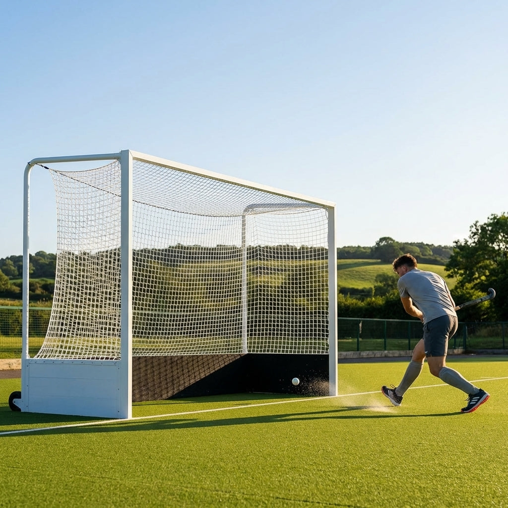 Aluminium hockey goal with HDPE net, 12ft x 7ft, for tournament use