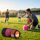 Set of vibrant football training cones in various sizes and colours