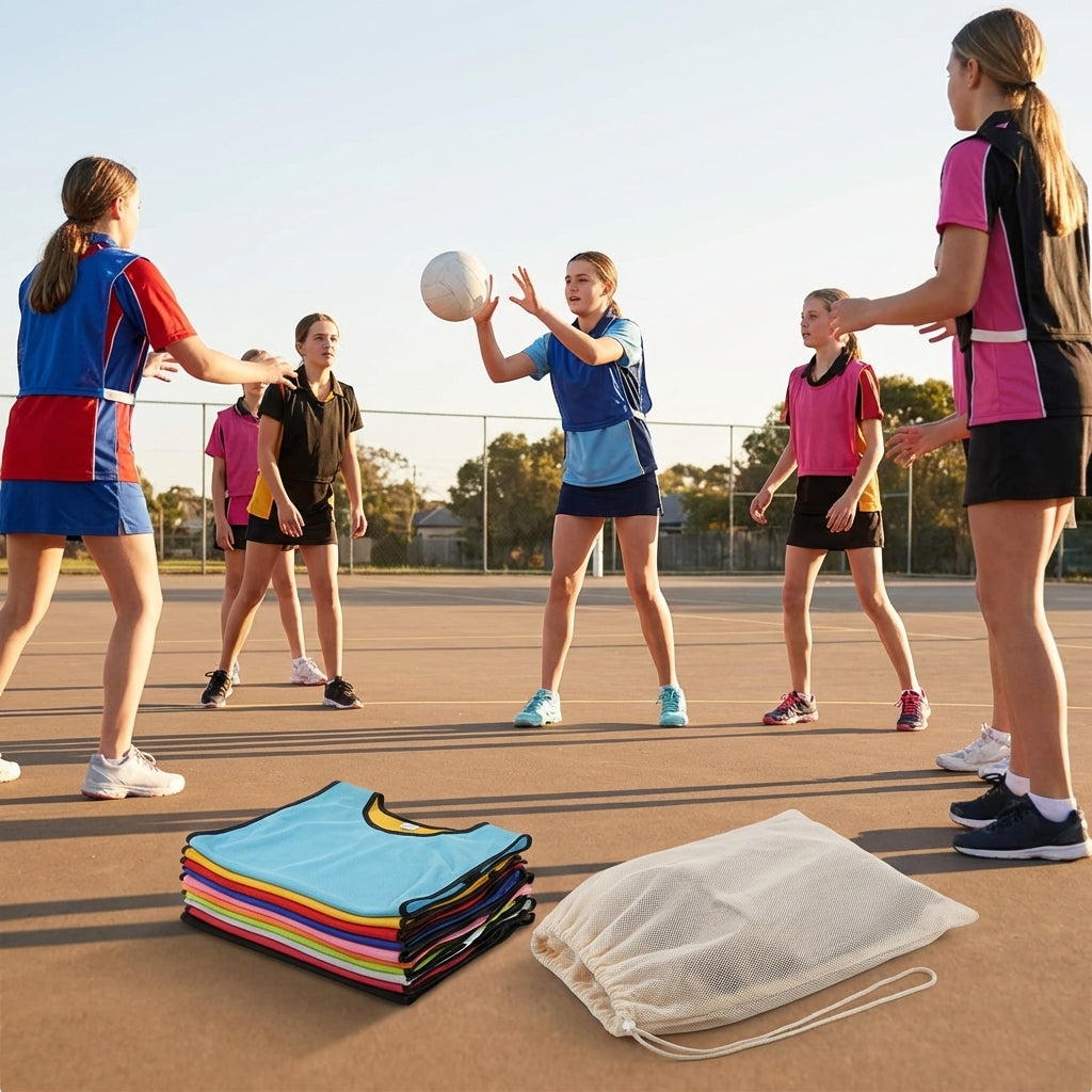 Reversible netball bibs in various colours and sizes for sports teams
