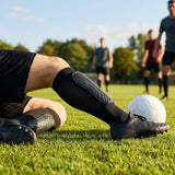 Black shin pads with compression sleeves for football players