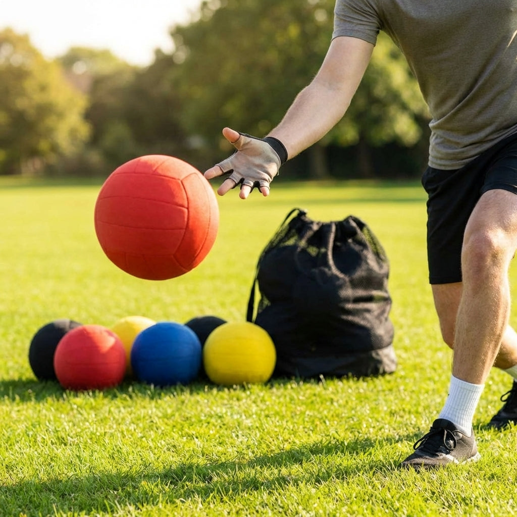 7in cloth dodgeball in red, blue, and yellow/black, perfect for indoor sports