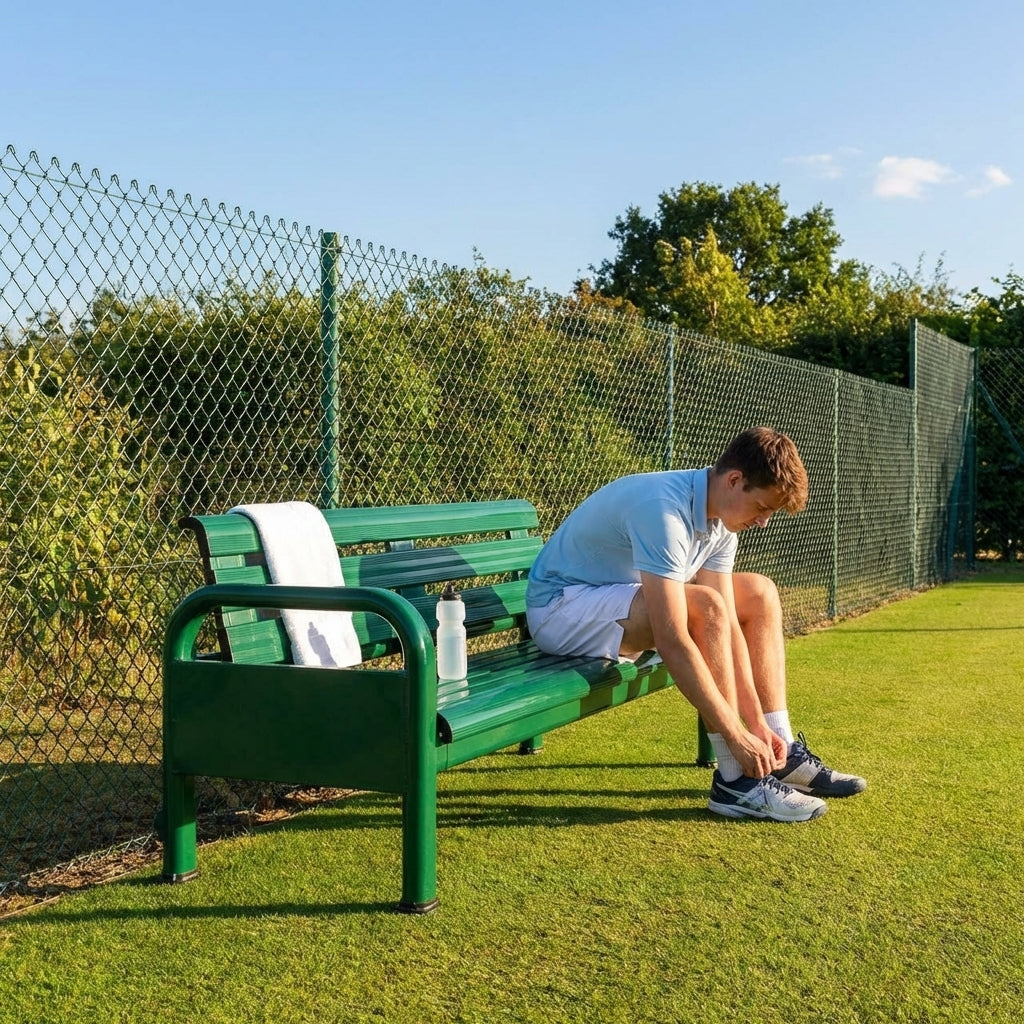 Aluminium tennis court bench in green for tournament use