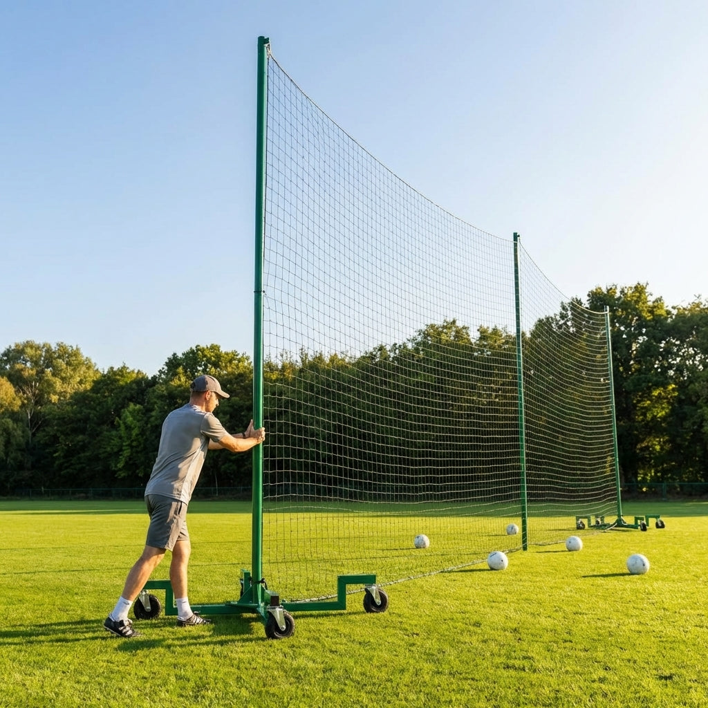 Mobile ball stop netting system with aluminium and steel components for sports grounds