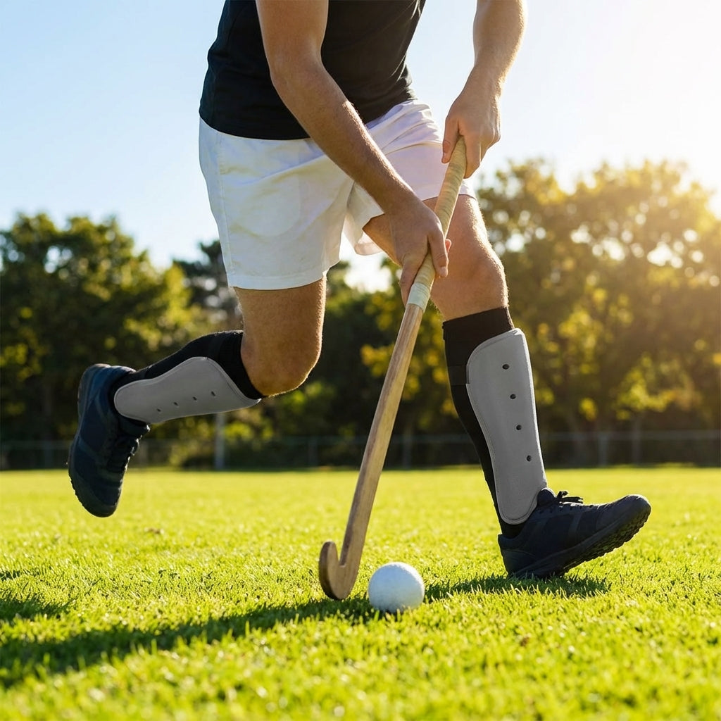 Hockey shin pads with polypropylene shell and EVA foam lining for field protection