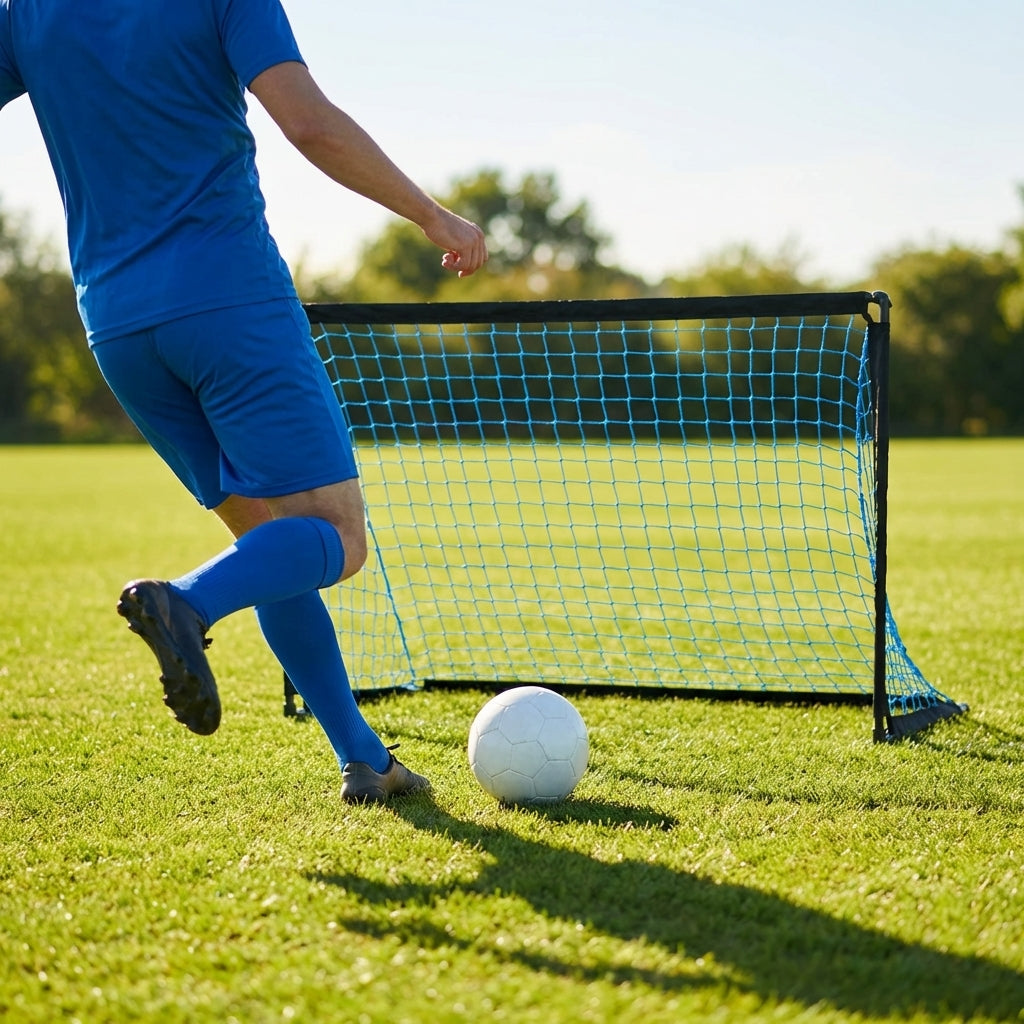 Folding football goal with aluminium frame and high-impact net