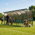 Fixed team shelter with aluminium frame and polycarbonate panels for sports
