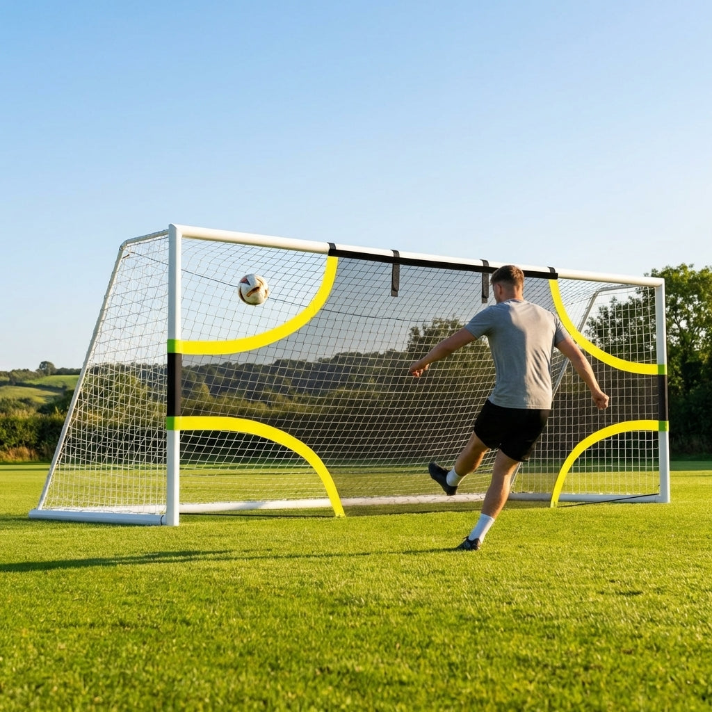 Football goal target sheet with bright yellow banding for training