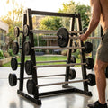 Steel barbell rack set for gym use, featuring a heavy-duty frame.