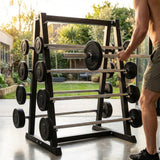 Steel barbell rack set for gym use, featuring a heavy-duty frame.