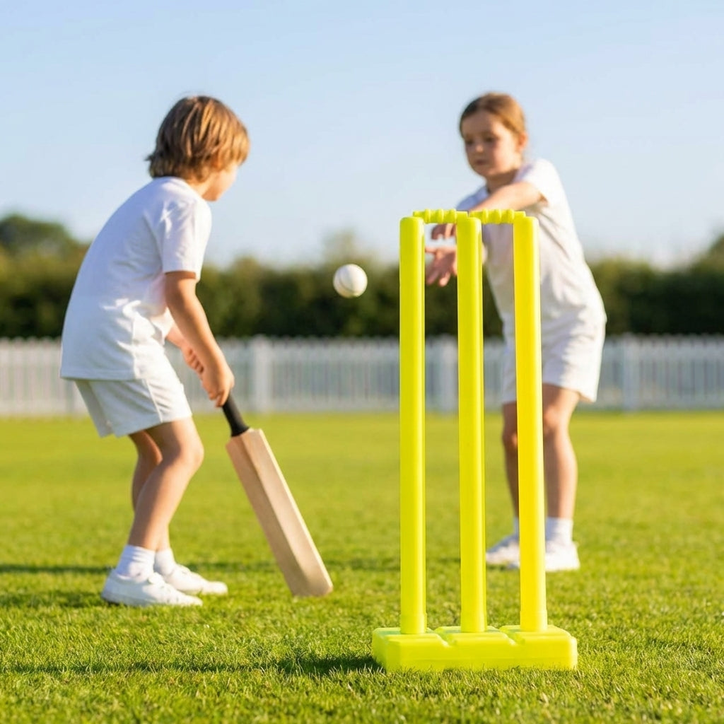 Plastic Cricket Stumps in vibrant yellow with base and bails