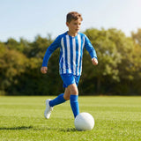 Kids' football kit with striped long sleeve shirt, shorts, and knee-high socks