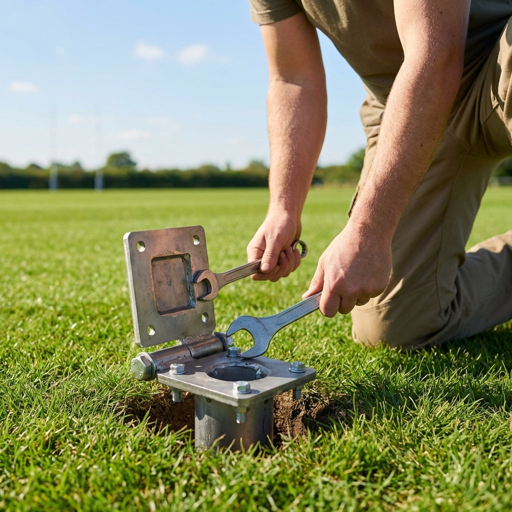 Hinged adapters for rugby posts in galvanised steel