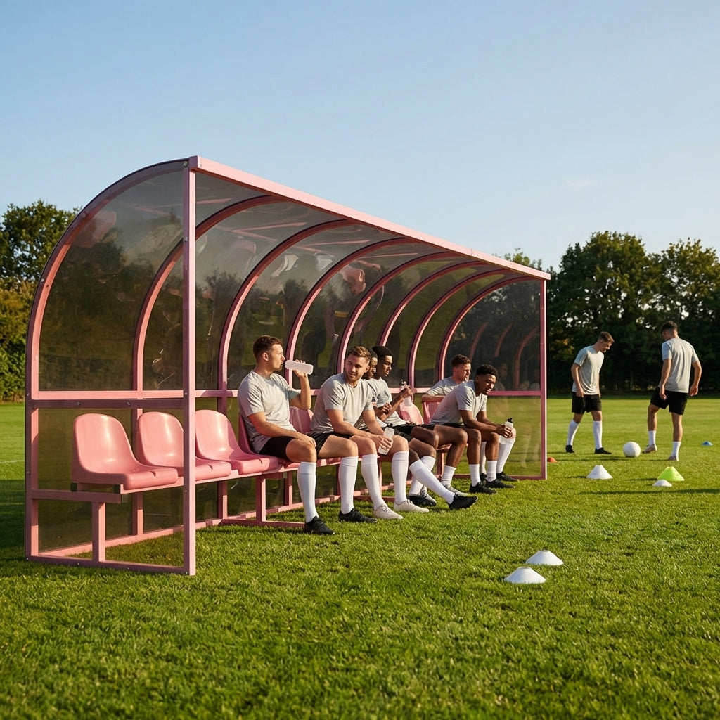 Fixed team shelter with aluminium frame and polycarbonate panels for sports