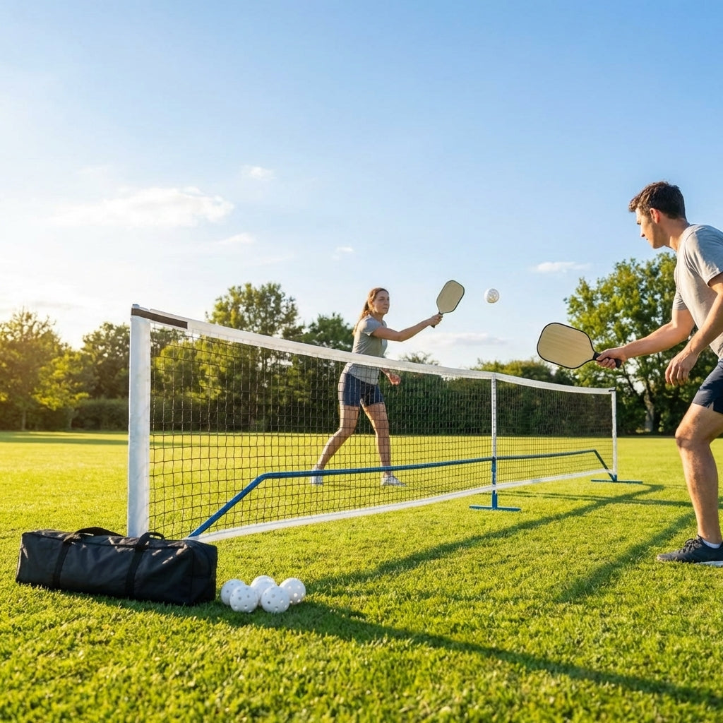 Portable pickleball net with steel frame and polyester netting