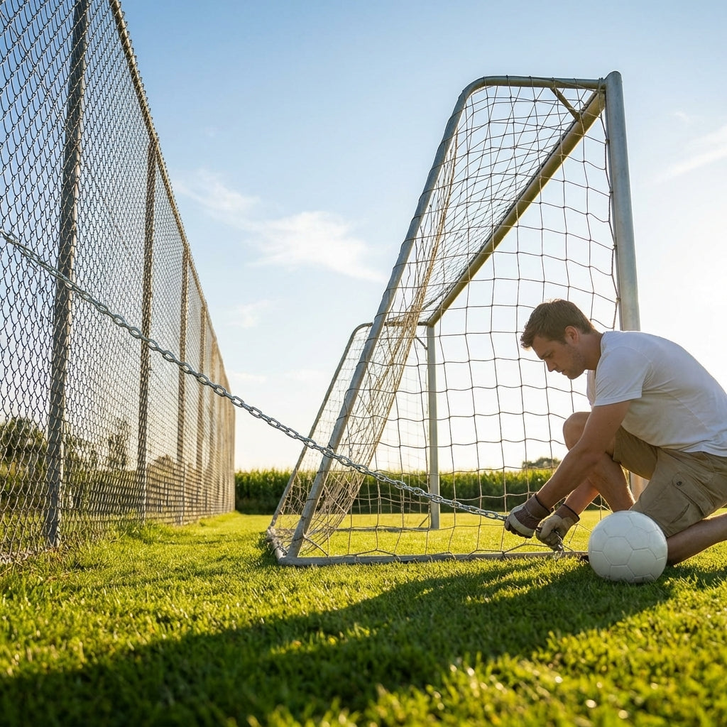 Galvanised steel goal anchor chains securing sports goals
