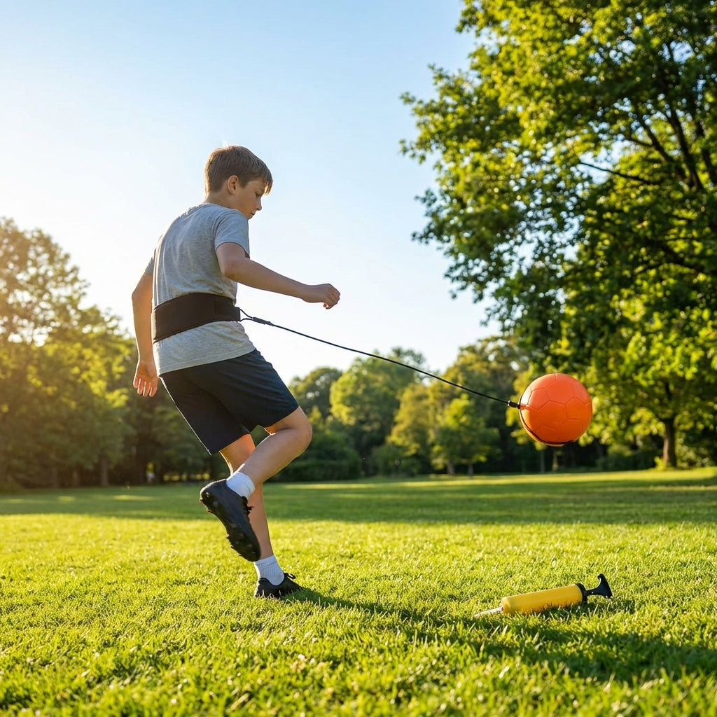 Football kick trainer with adjustable neoprene belt and training ball