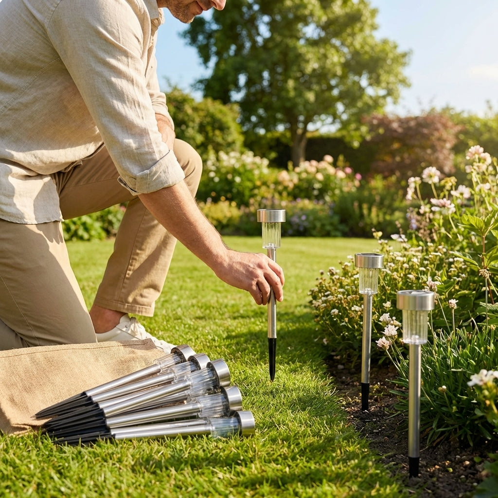 Solar-powered garden lights in black and silver, outdoor pathway lighting