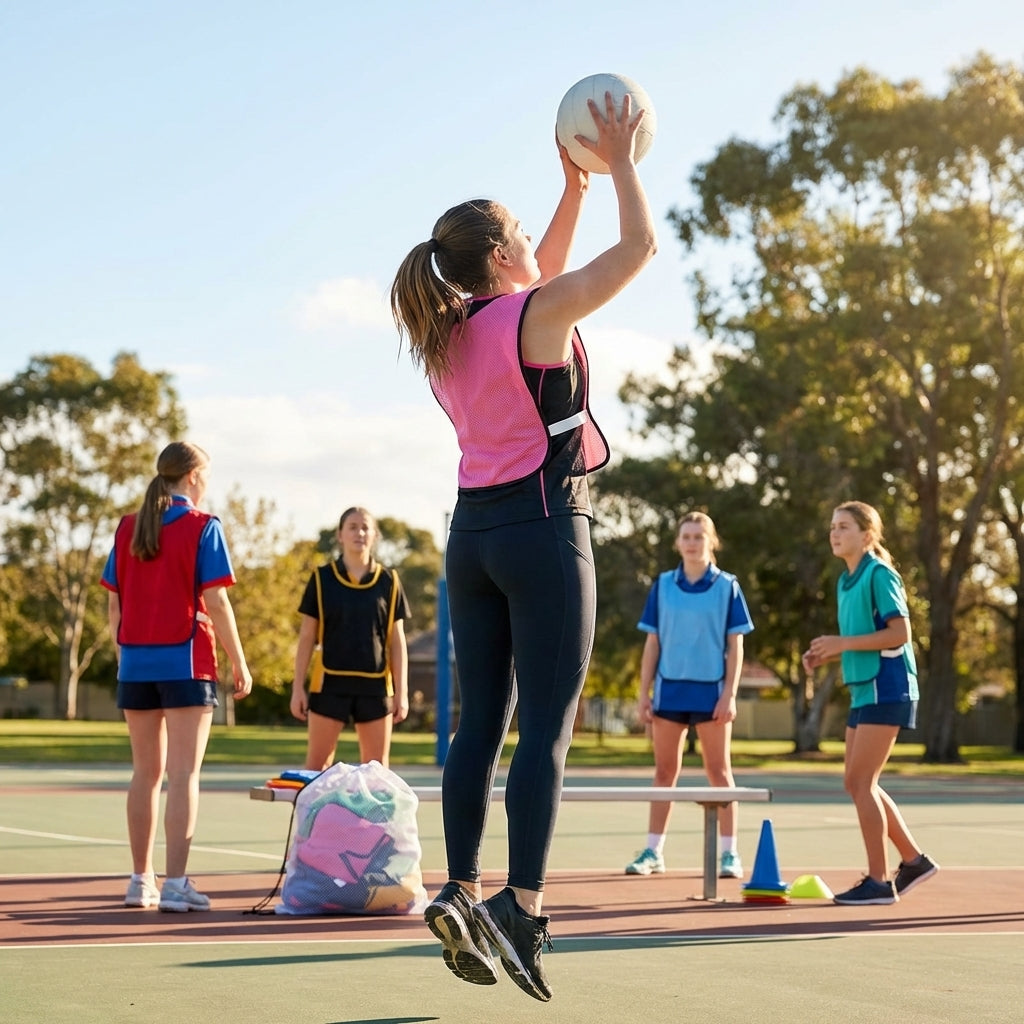Reversible netball bibs in various colours and sizes for sports teams