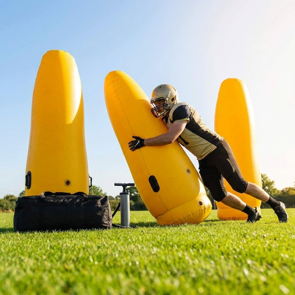 High-visibility American football training dummies in yellow PVC