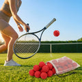 Yellow foam mini tennis balls on a tennis court