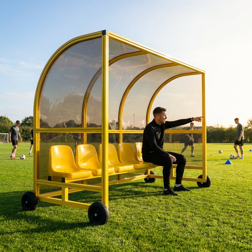 Mobile team shelter with aluminium frame for sports pitches